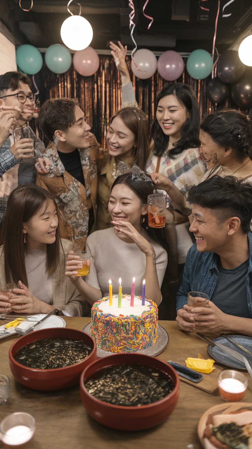 A lively birthday celebration with friends, featuring a colorful cake and drinks.