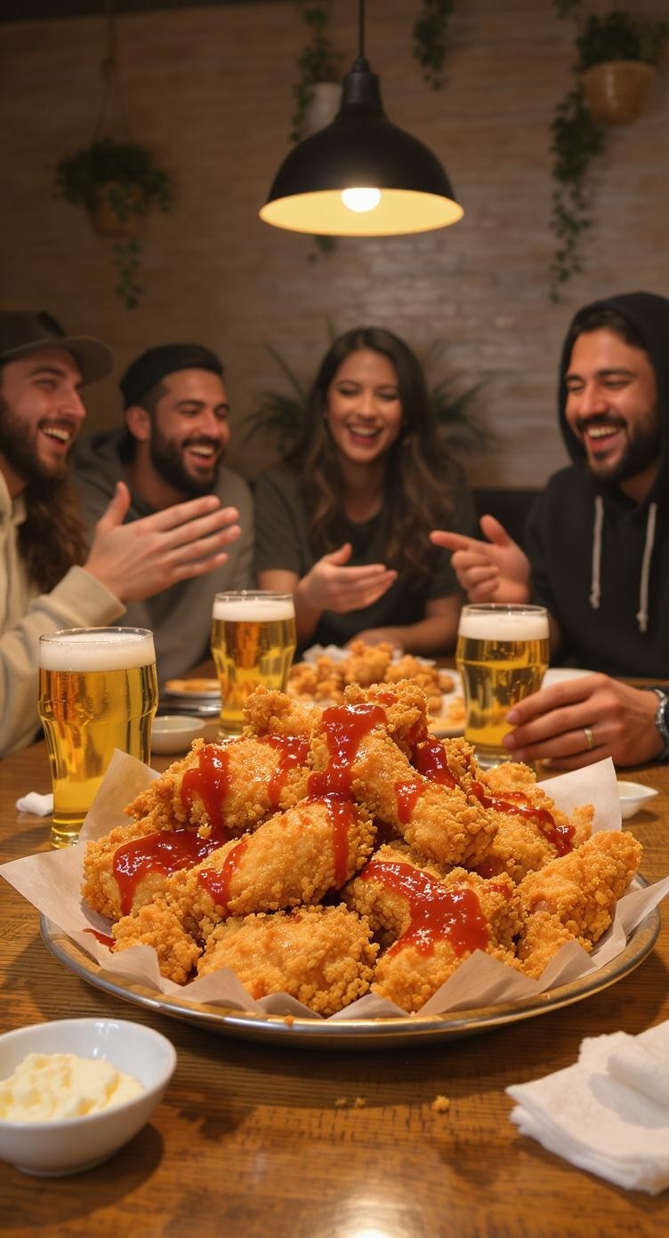 A group of friends enjoying fried chicken and beer together