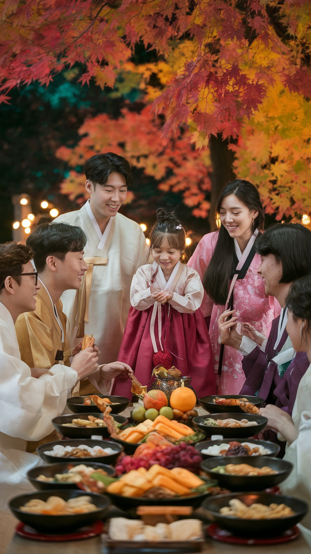 A family celebrating Chuseok with traditional clothing and a festive meal.