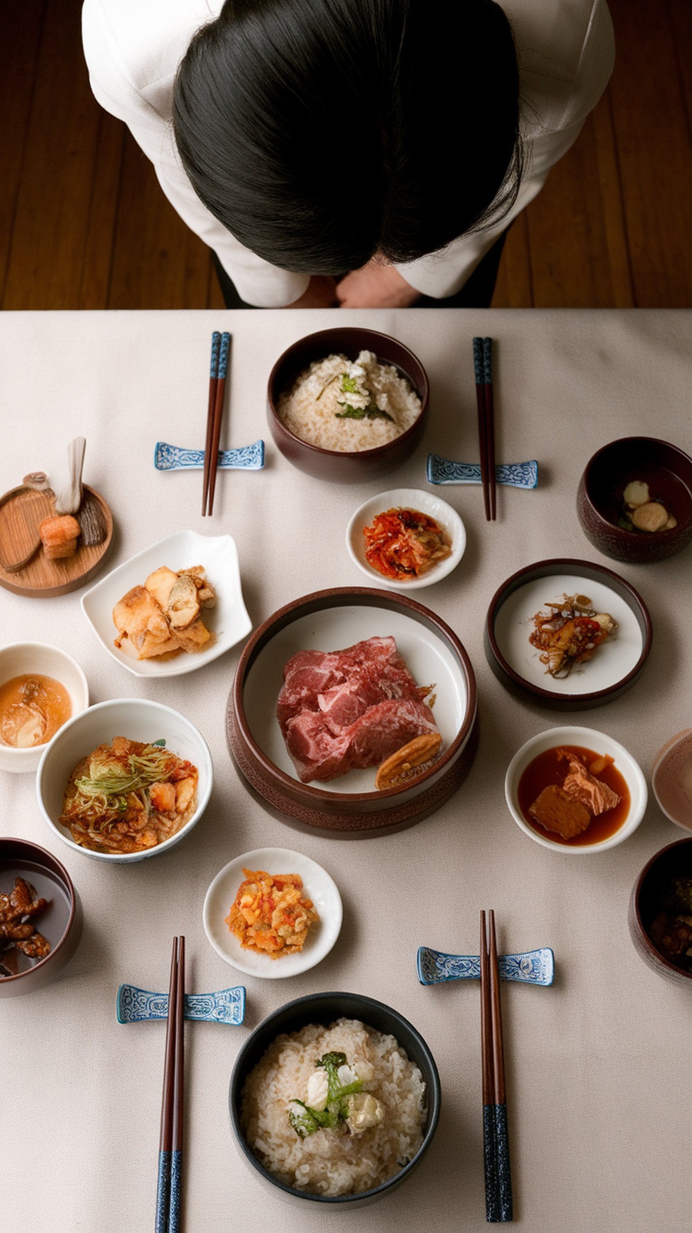 A traditional Korean dining setup with various dishes and chopsticks.