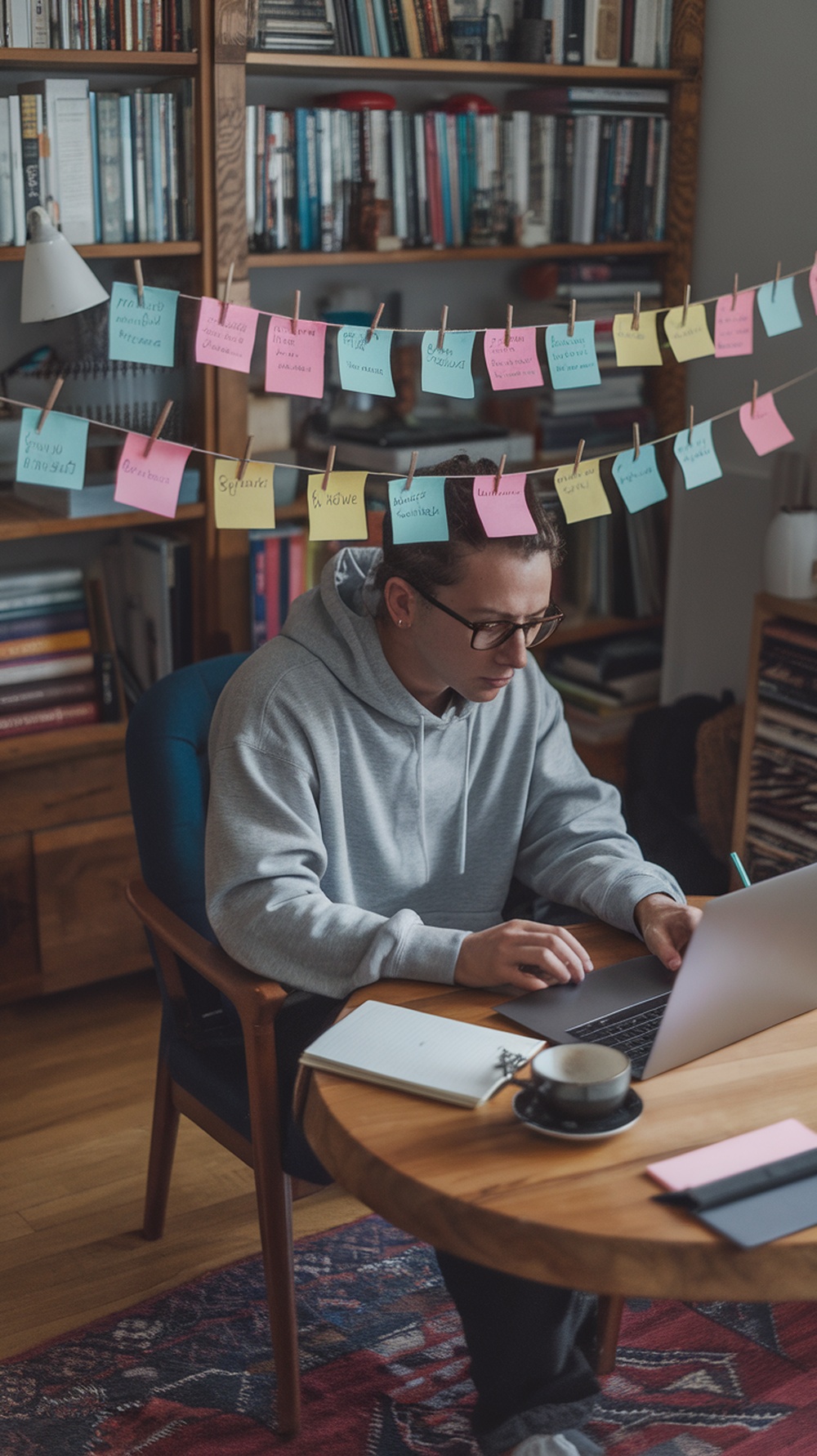 A freelancer working on a laptop surrounded by sticky notes and a notebook.
