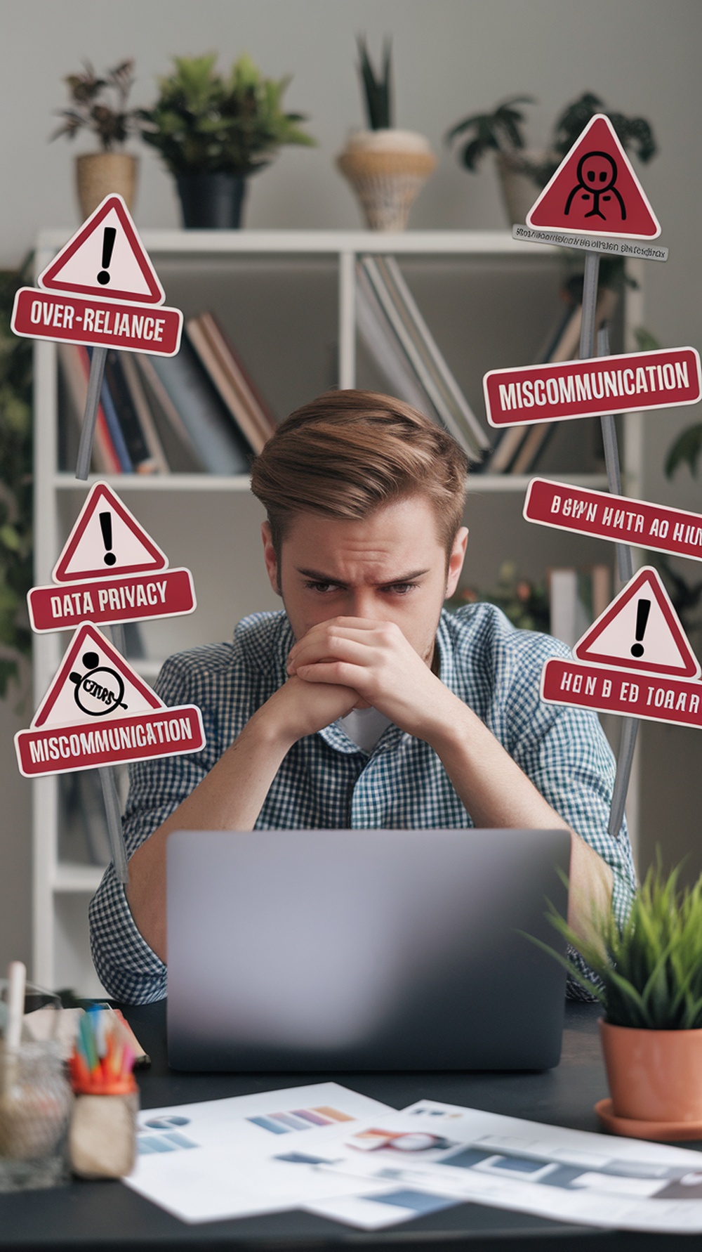 A stressed freelancer at a desk with warning signs about AI tool pitfalls.