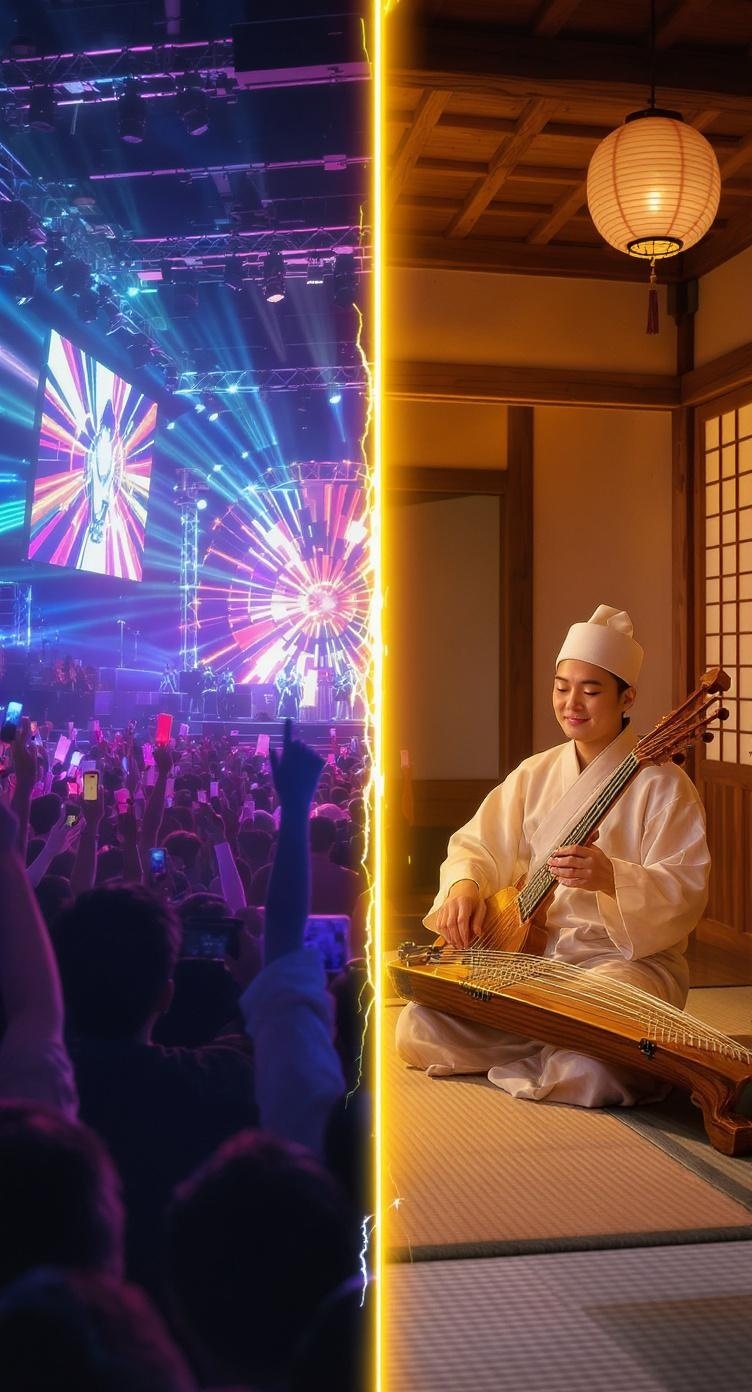 A split image showcasing a K-Pop concert on one side and a traditional Korean musician playing an instrument on the other.