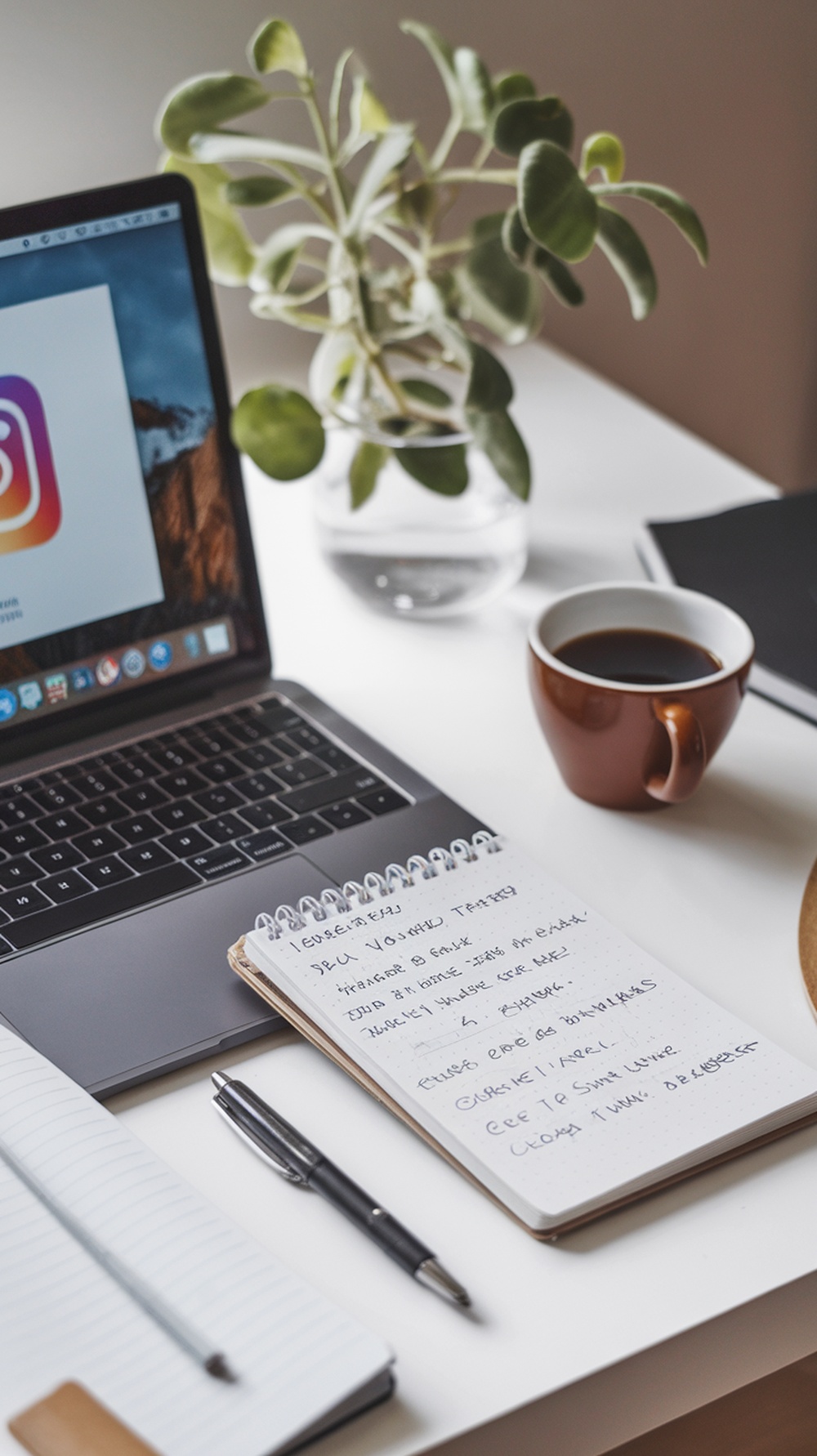 A workspace with a laptop displaying the Instagram logo, a notebook with handwritten notes, a pen, and a cup of coffee.