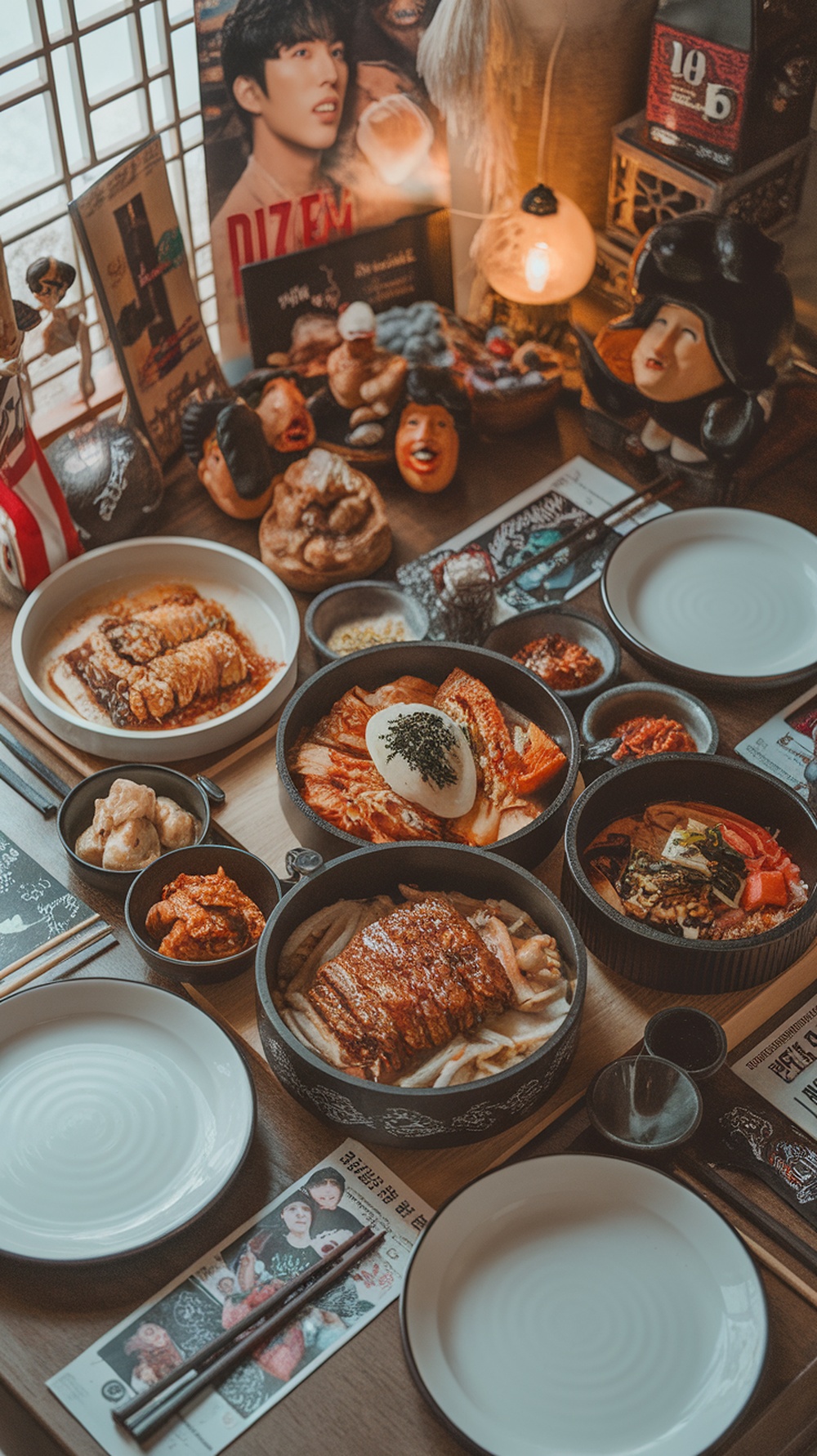 A beautifully arranged table featuring various Korean dishes, including beef, kimchi, and rice, showcasing the vibrant colors and textures of Korean cuisine.