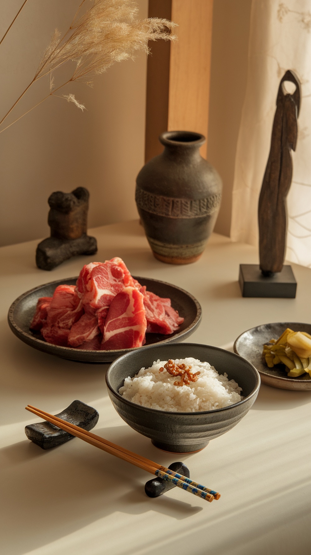 A beautifully arranged Korean meal with rice, meat, and side dishes.