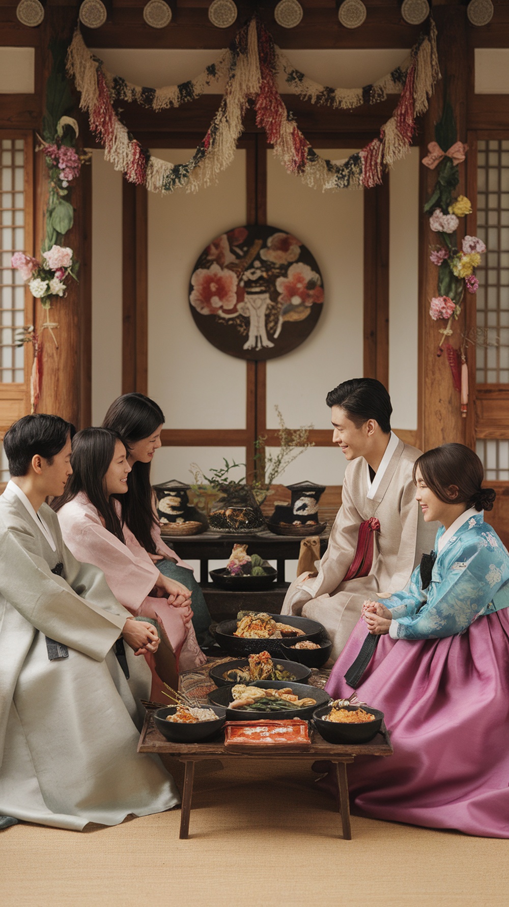 A group of people in traditional Korean attire sharing a meal during a festive occasion.