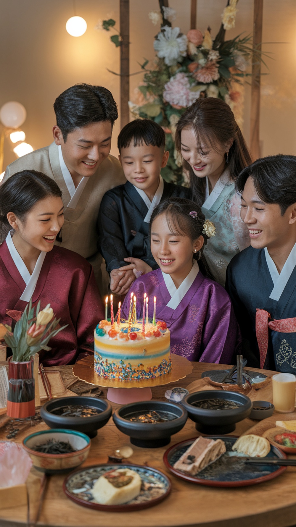 A family celebrating a birthday with a colorful cake and traditional Korean dishes.
