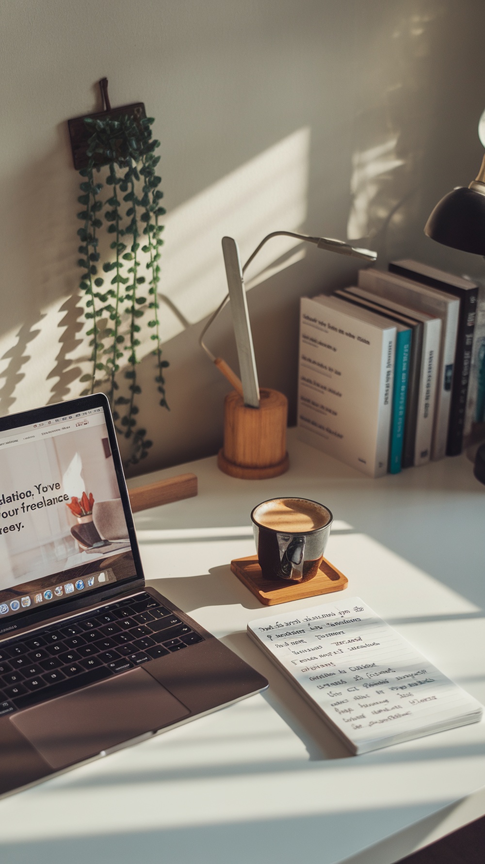 A cozy workspace with a laptop, coffee, and notes, symbolizing freelance work and passive income ideas.