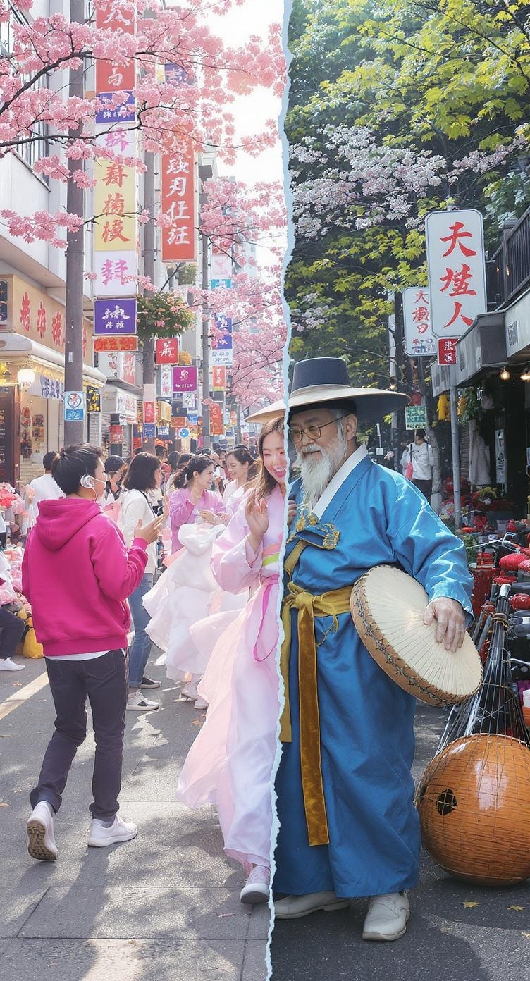 A vibrant street scene showcasing the contrast between modern K-Pop culture and traditional Korean music.