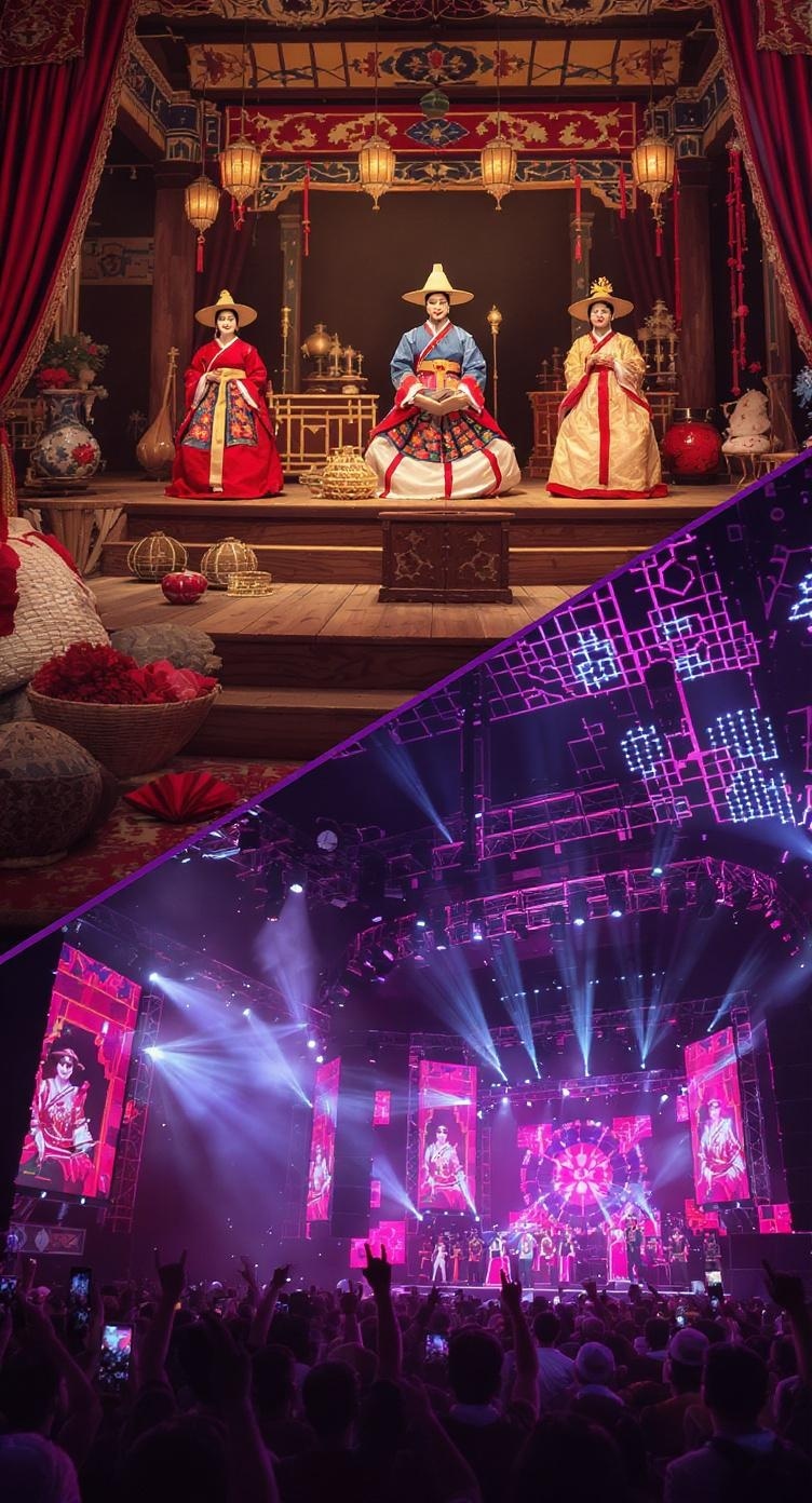 A split image showing traditional Korean performers in colorful attire on one side and a vibrant K-Pop concert scene on the other.