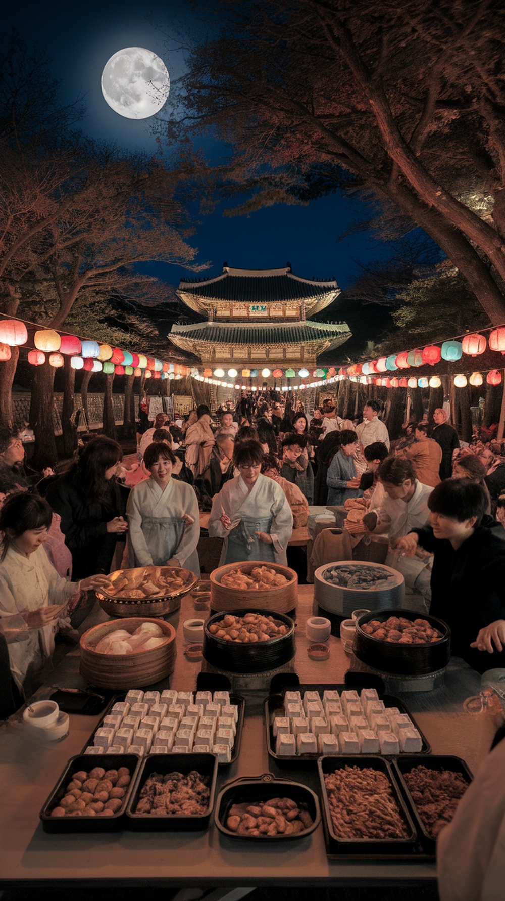 A festive scene of people celebrating Daeboreum under the full moon with traditional foods and lanterns.