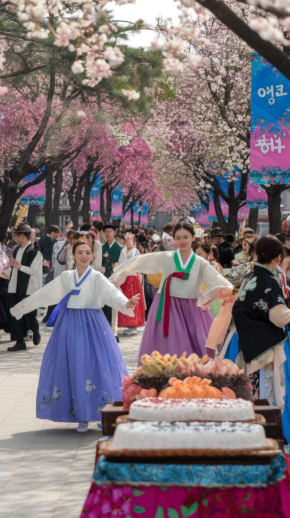 People celebrating Dano festival in traditional Korean attire with cherry blossoms in the background.