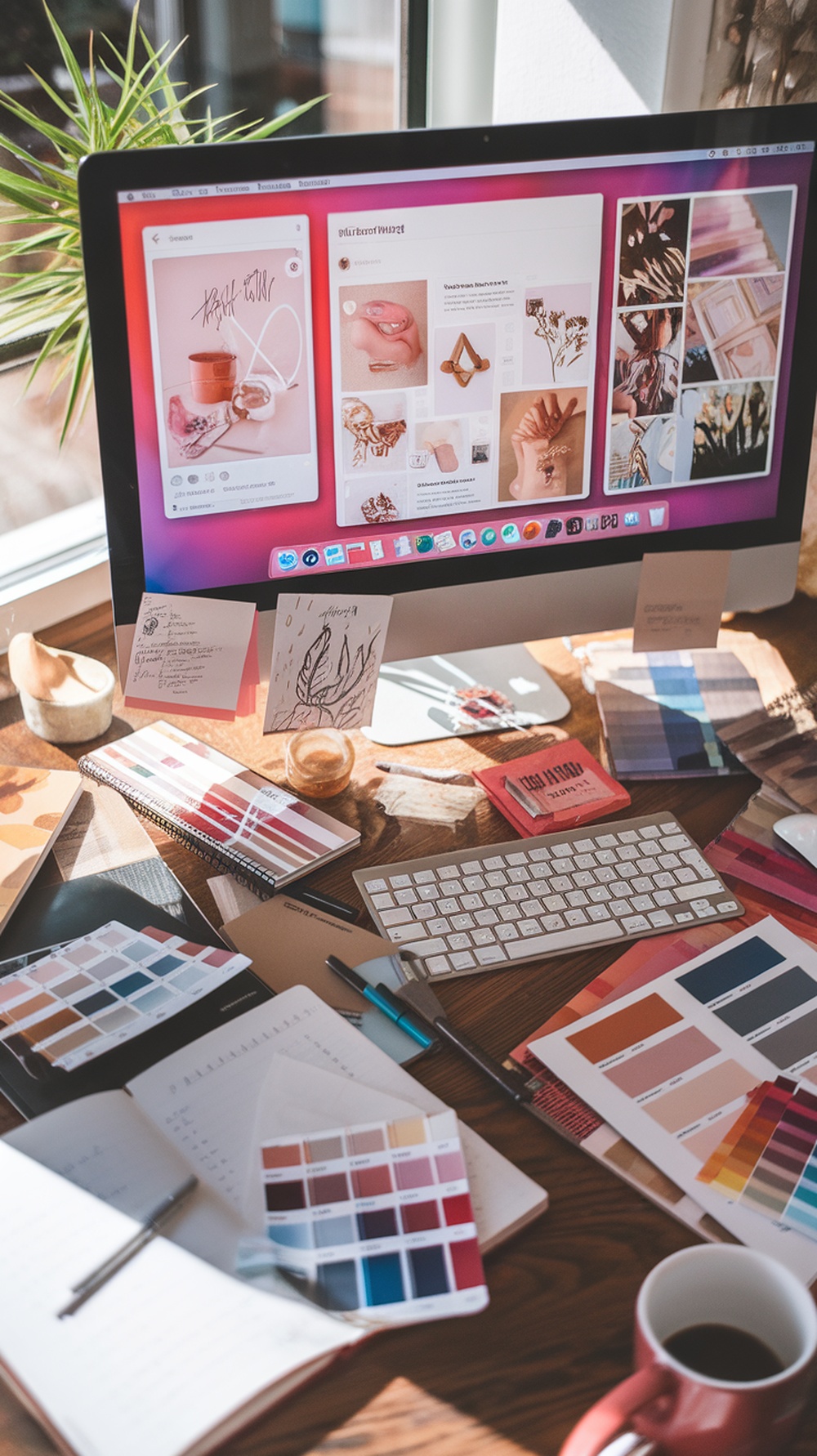 A workspace with a computer displaying Pinterest, color palettes, and design materials.