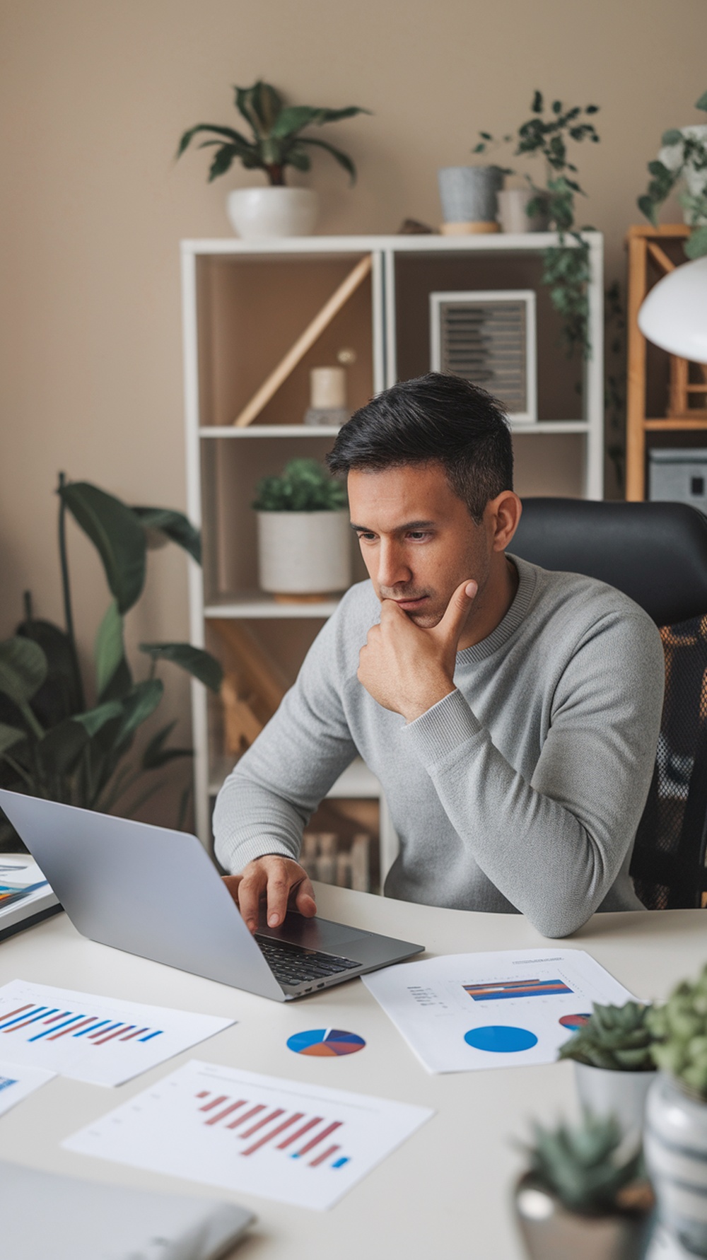 A focused individual analyzing data on a laptop surrounded by charts and graphs.