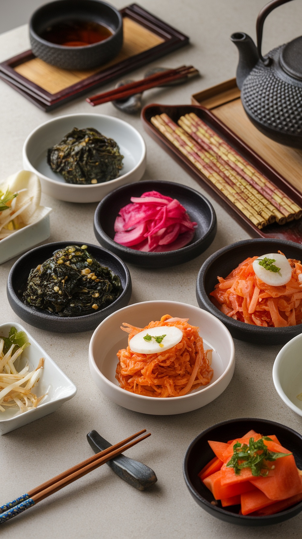 A variety of Korean banchan side dishes displayed in small bowls.