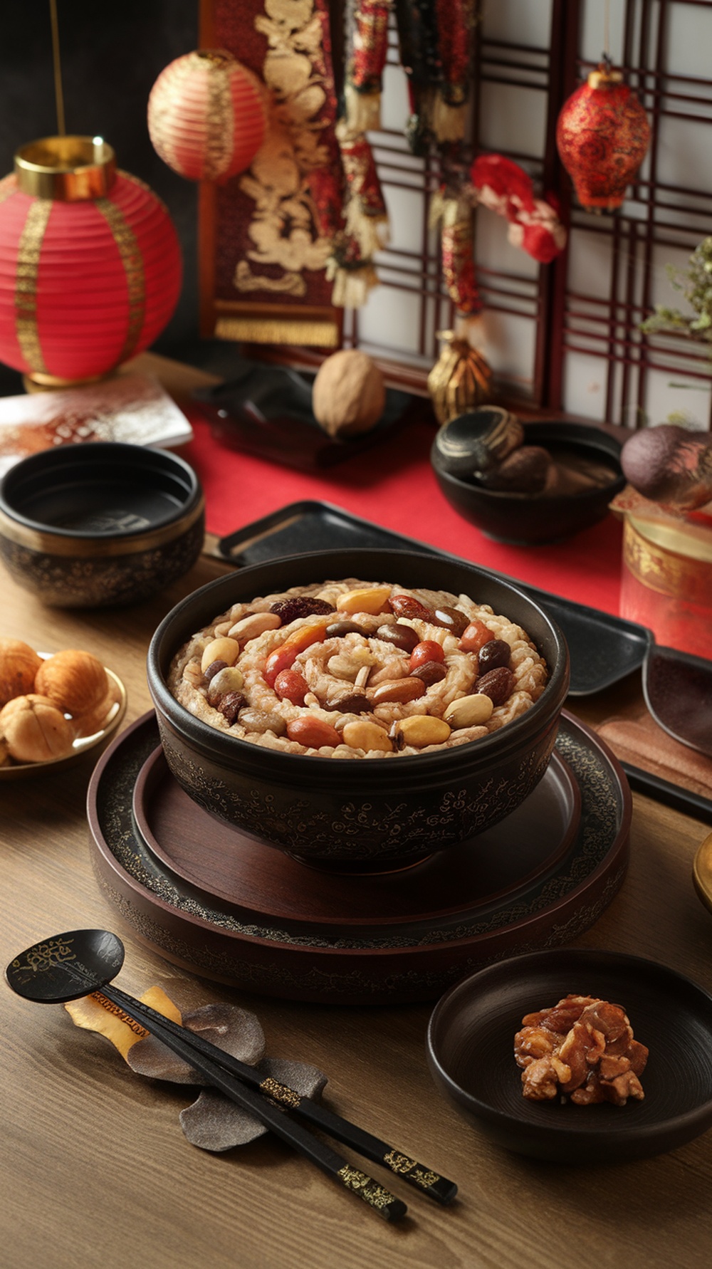 A bowl of five-grain rice topped with nuts, surrounded by traditional Korean decorations.