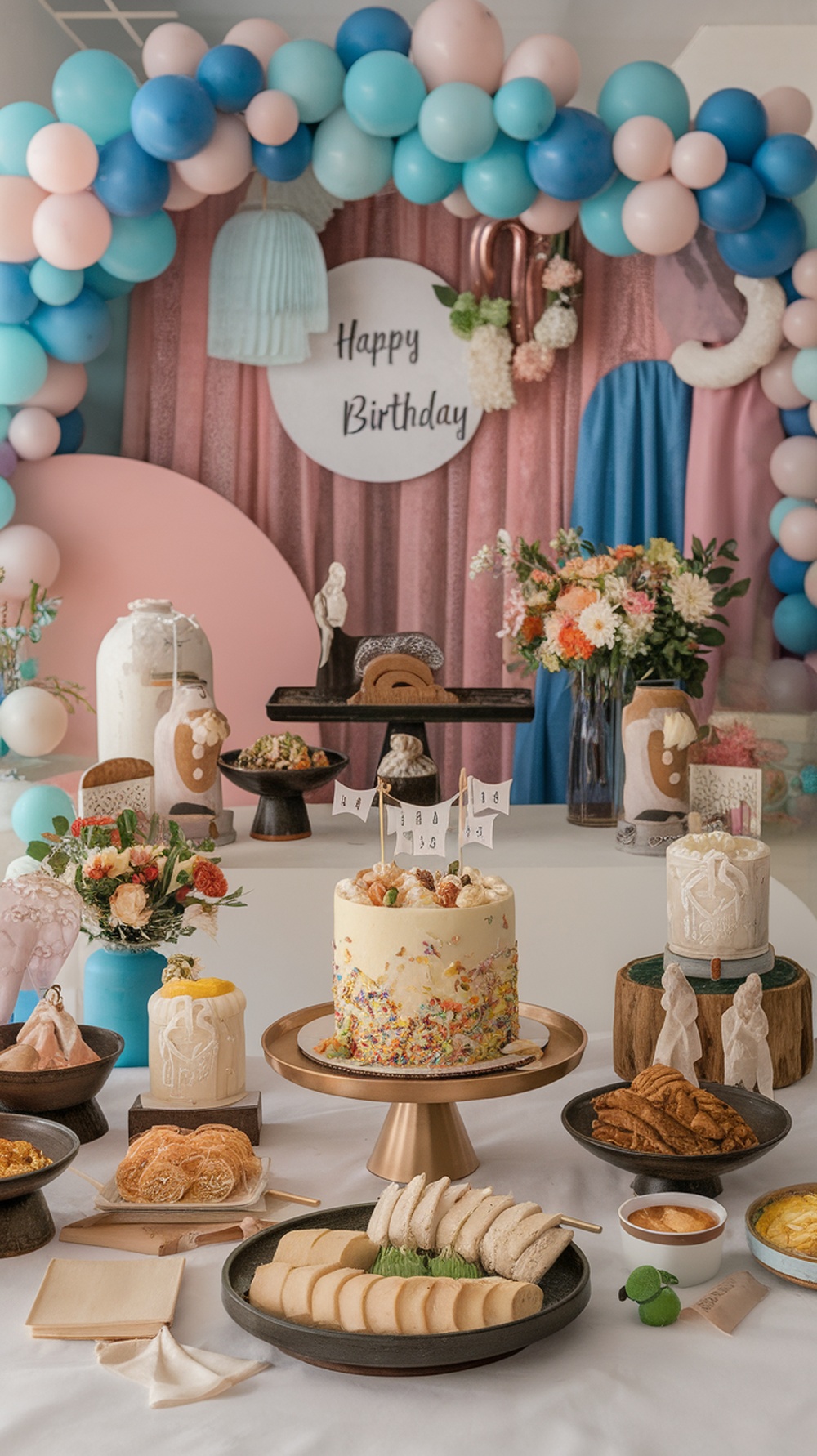 A colorful birthday celebration setup featuring a cake and traditional Korean dishes.