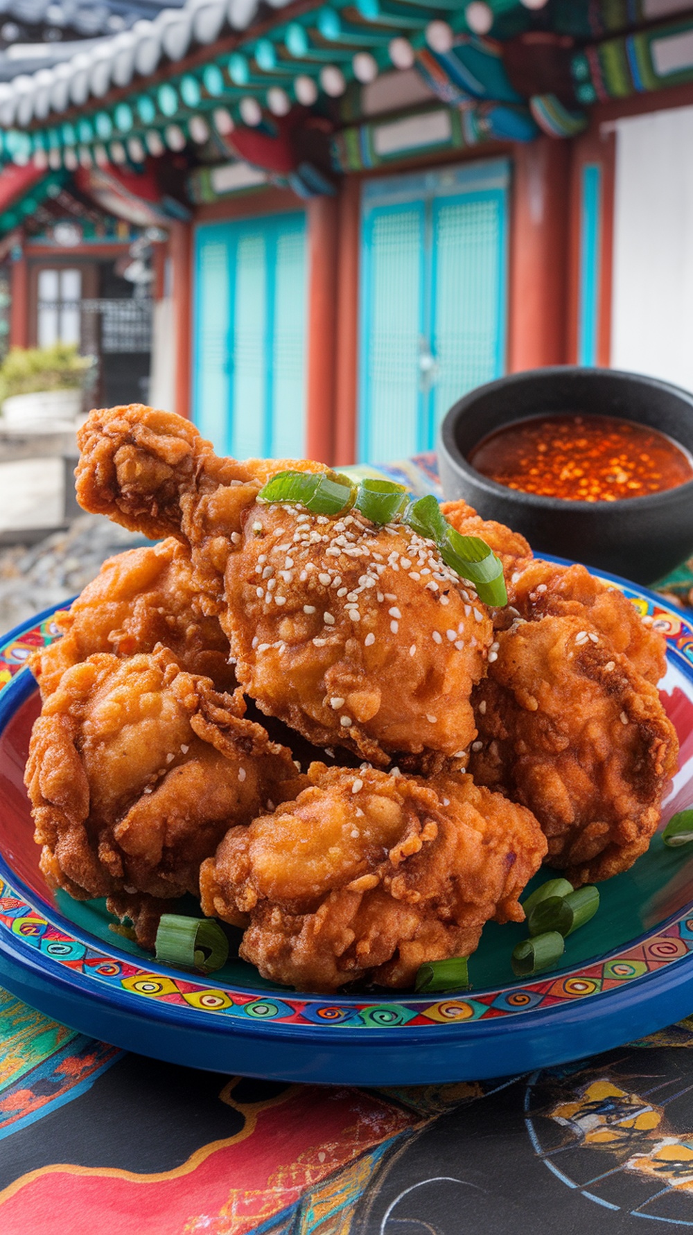 A plate of crispy Korean-style fried chicken garnished with sesame seeds and green onions, with traditional Korean architecture in the background.