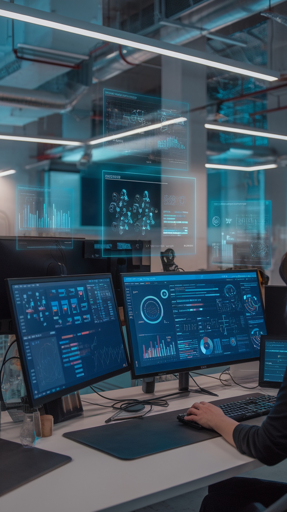 A modern workspace with multiple screens displaying data and analytics, symbolizing the integration of AI tools in freelancing.