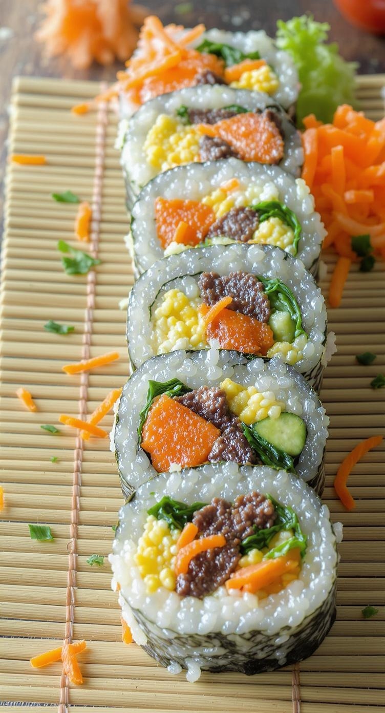 Gimbap, Korean sushi rolls, displayed on a bamboo mat with colorful fillings.