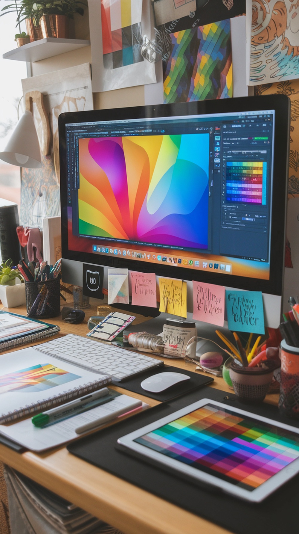 A workspace featuring a computer with colorful graphic design on the screen, surrounded by design tools and materials.