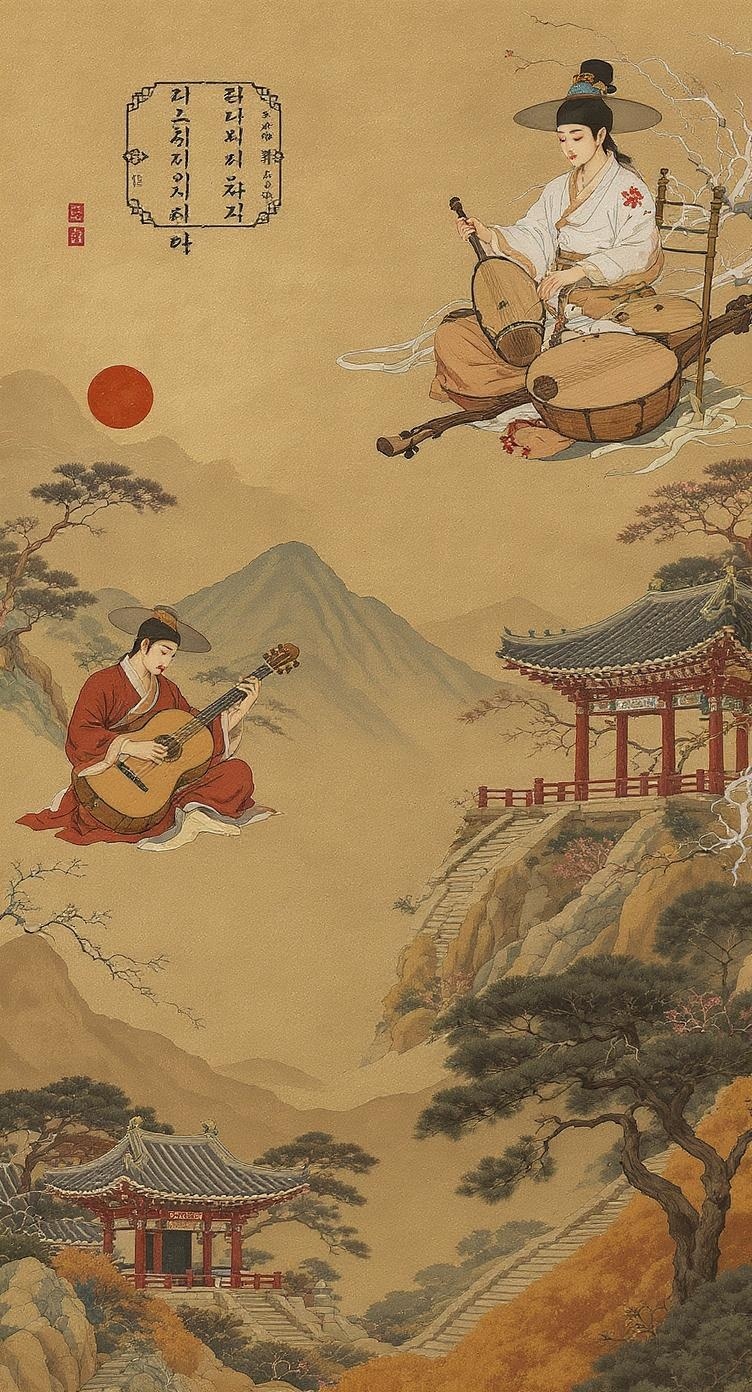An artistic representation of traditional Korean musicians playing instruments in a serene landscape.
