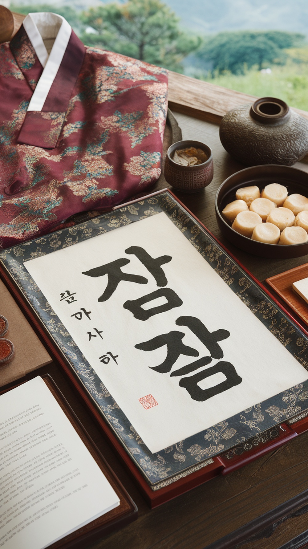 A traditional Korean setting with a hanbok, calligraphy, and traditional snacks.