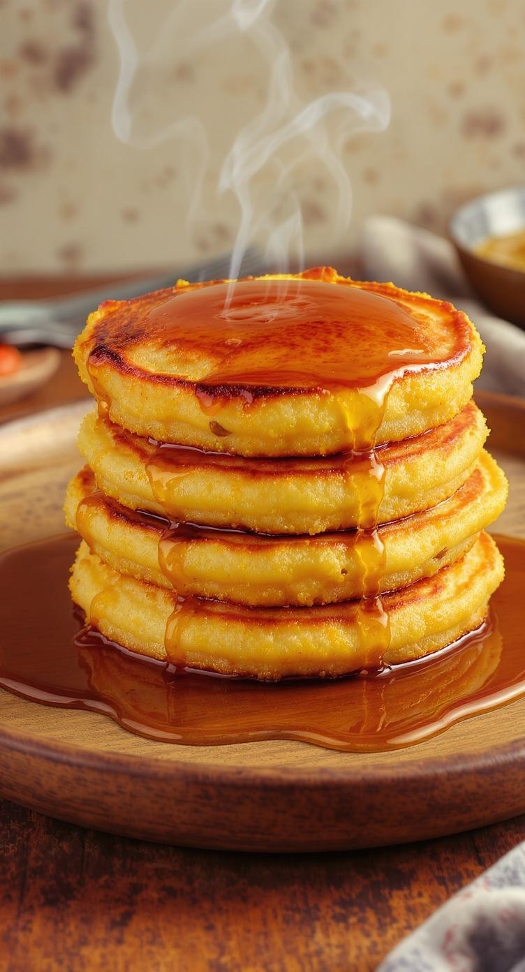 A stack of hotteok pancakes drizzled with syrup, steaming and delicious.