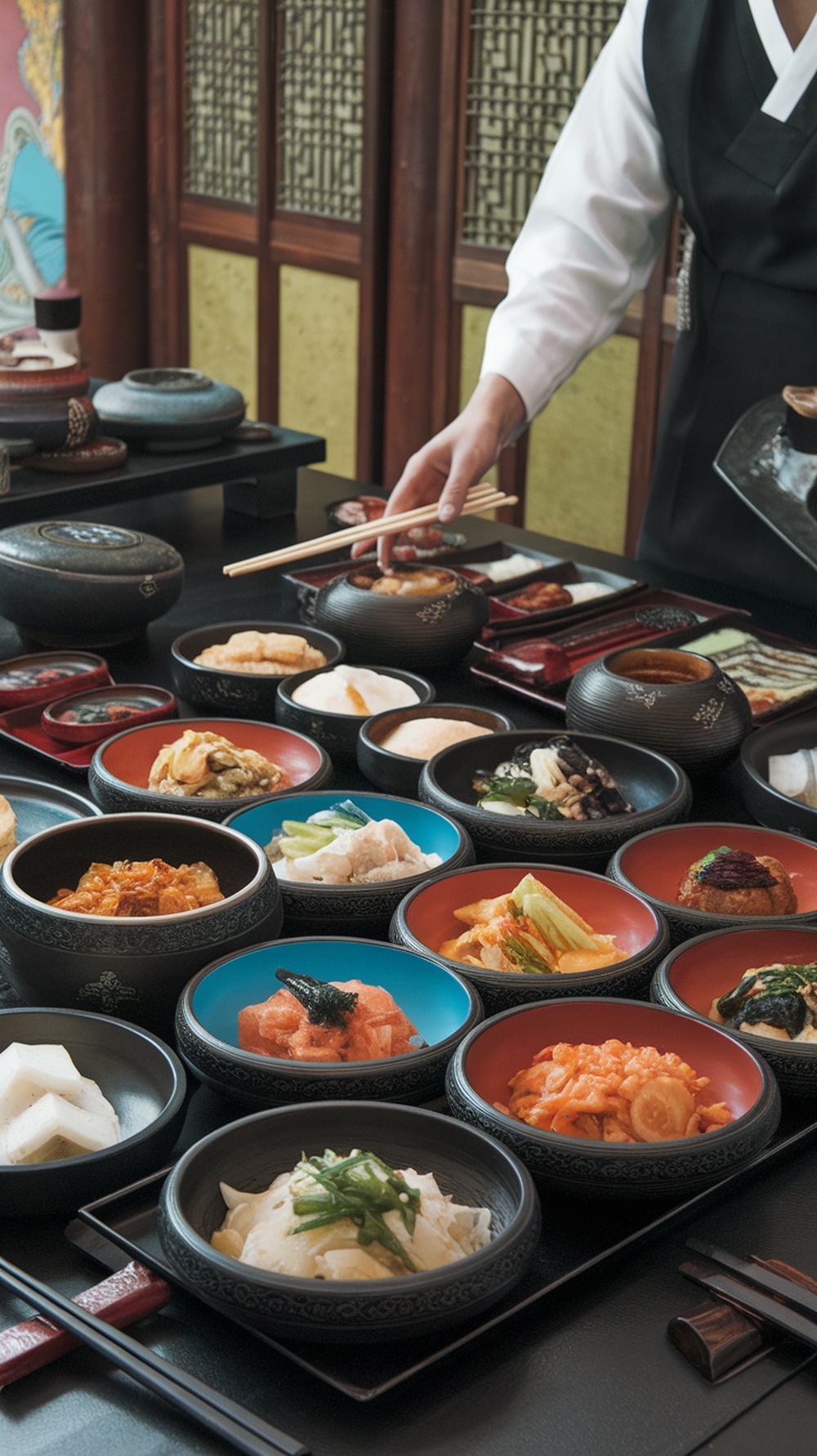 A variety of Korean banchan dishes served in small bowls.