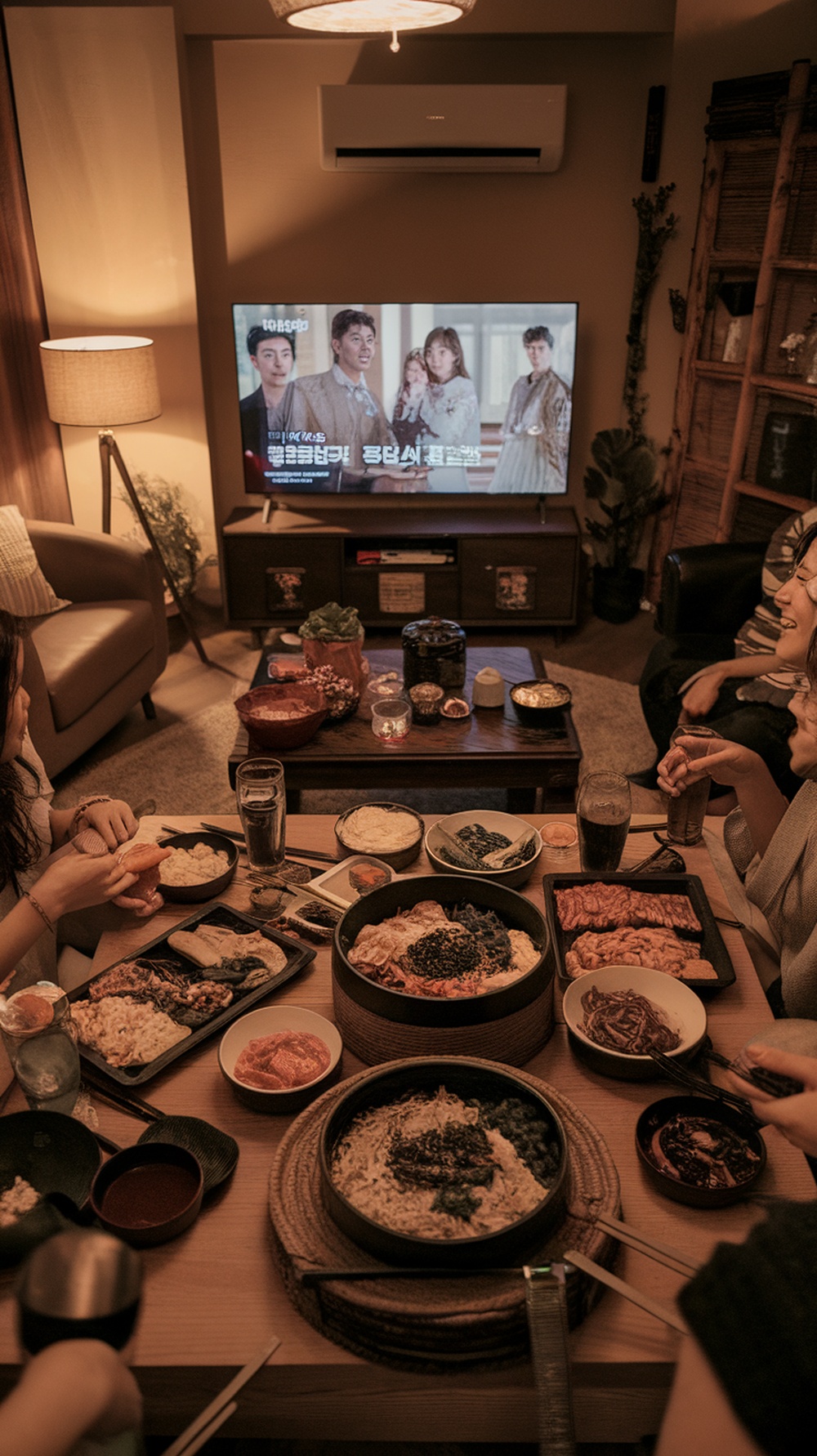 A cozy setup for a K-Drama food night with various Korean dishes on a table and a TV showing a K-Drama.