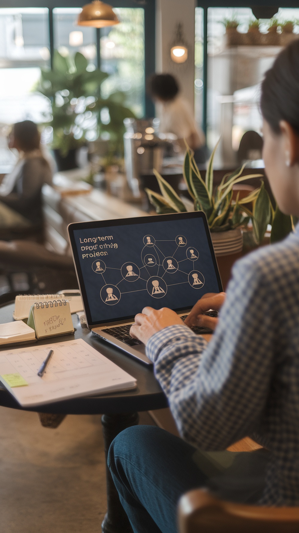 A freelancer working on a laptop in a cafe, focusing on long-term projects.