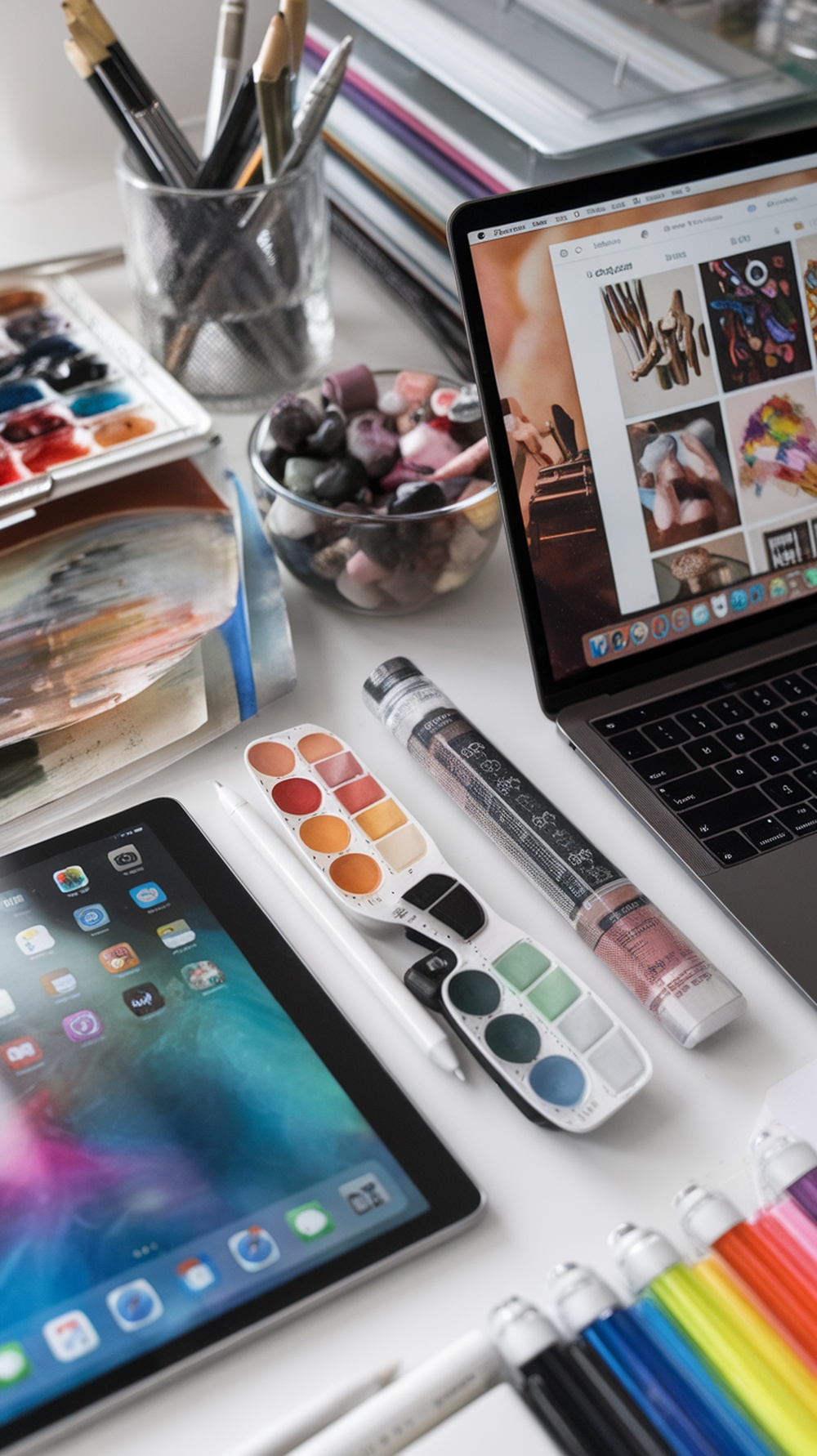 A workspace with art supplies and digital devices, showcasing tools for illustration and digital art.