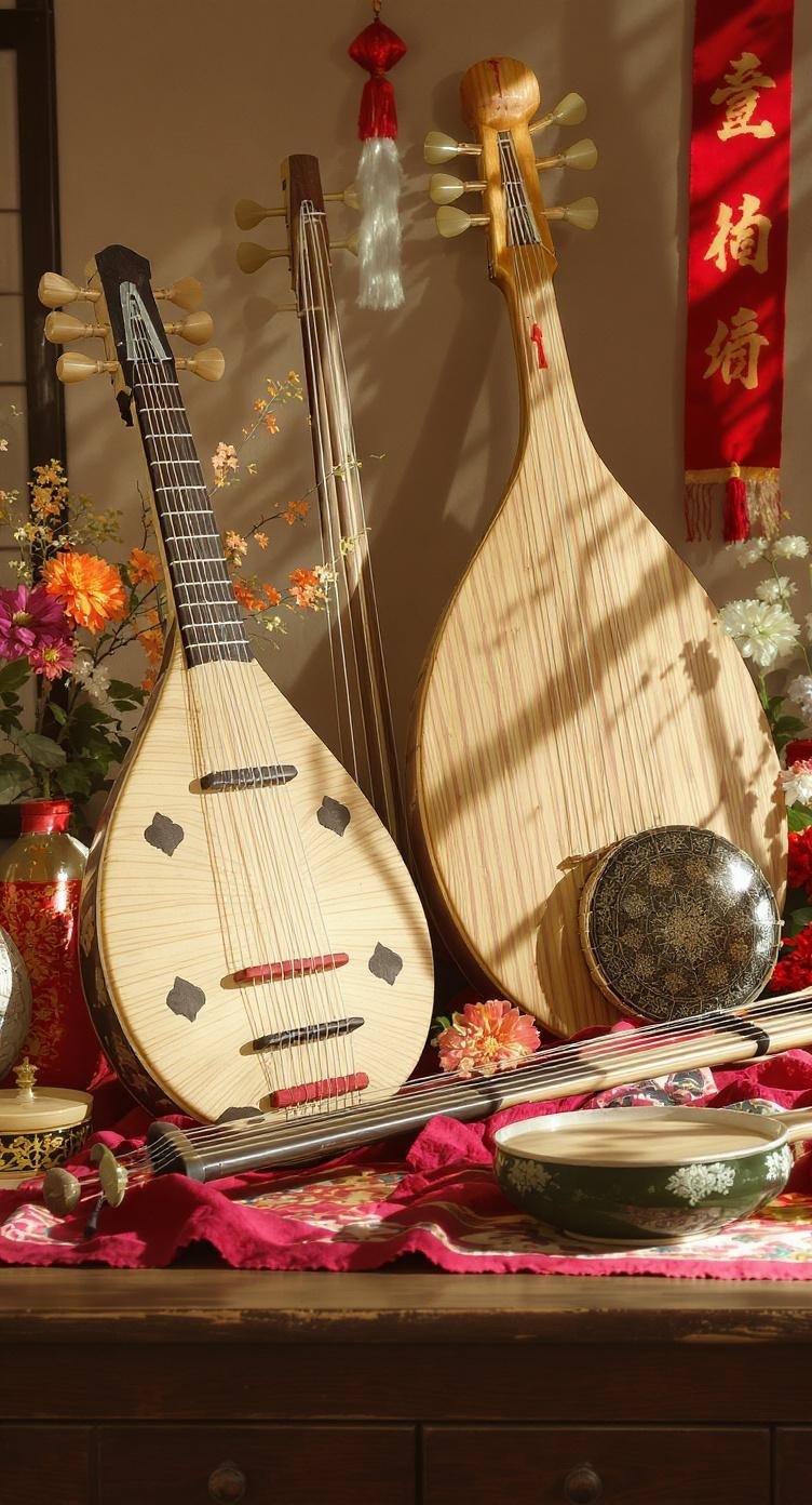 Traditional Korean instruments including gayageum, geomungo, piri, and haegeum displayed with flowers and decorative items.