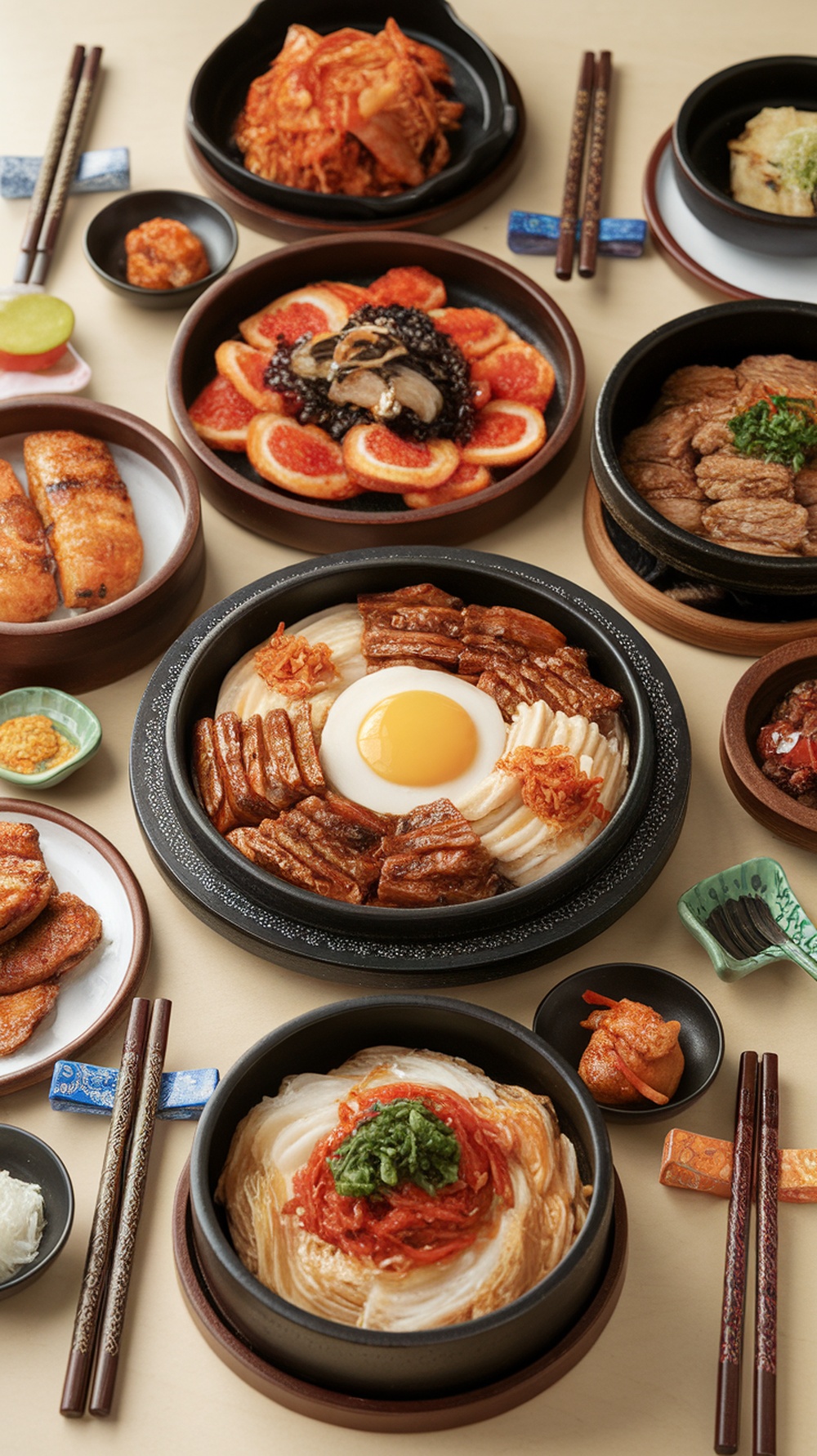 A variety of traditional Korean dishes displayed on a table.