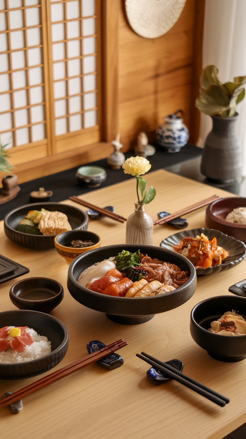 A beautifully arranged Korean meal with various dishes on a wooden table.