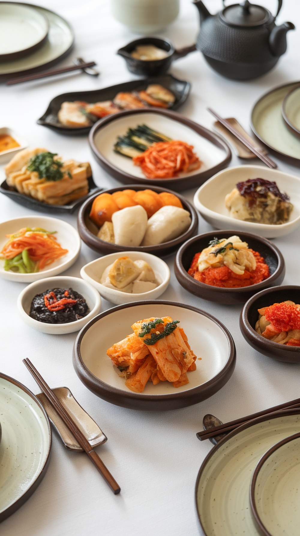 A variety of Korean side dishes including kimchi and banchan.