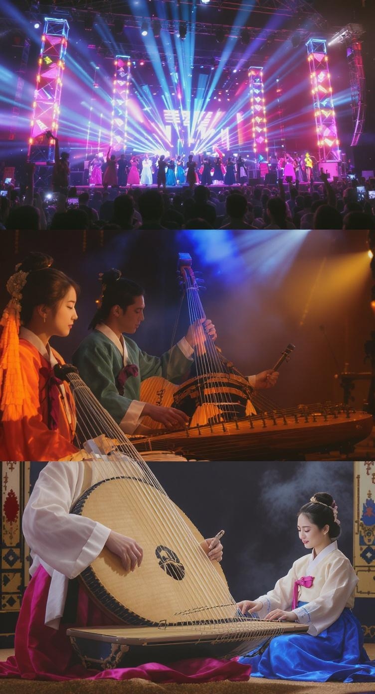 A vibrant K-Pop performance contrasted with traditional Korean musicians playing traditional instruments.