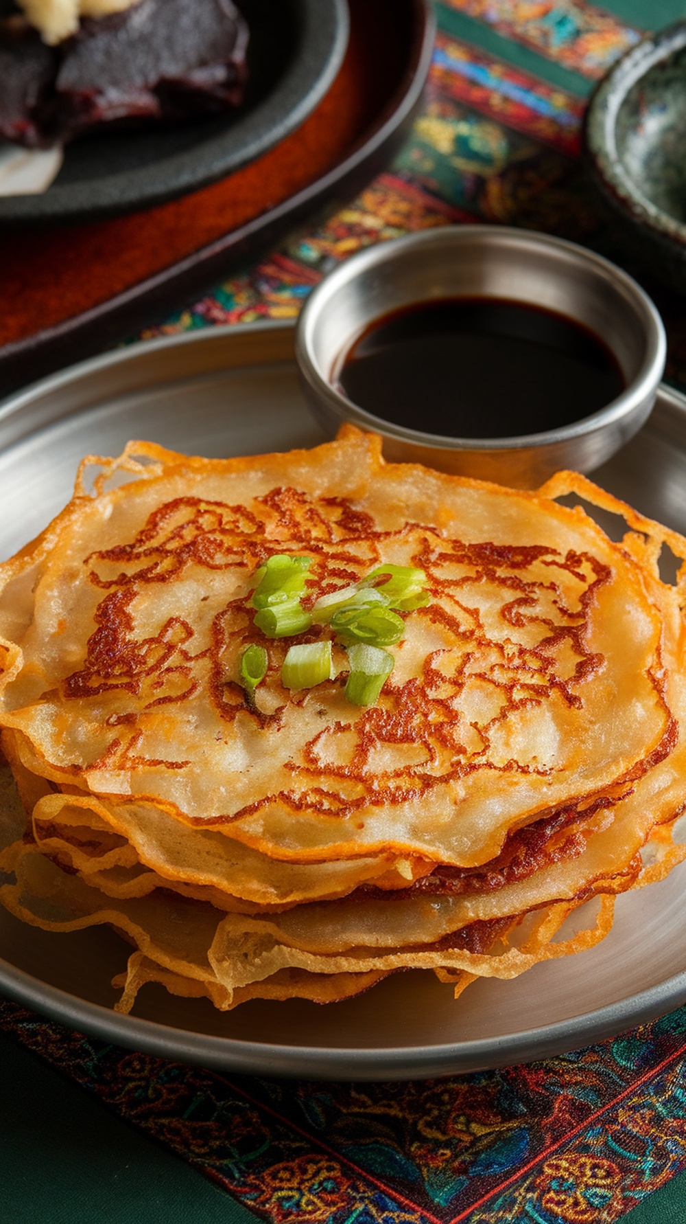 A plate of Korean pancakes (Jeon) served with dipping sauce.