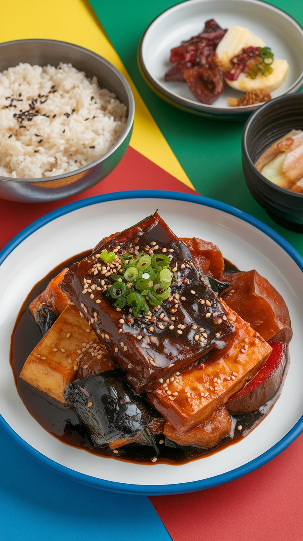 A plate of braised tofu jorim with rice and banchan