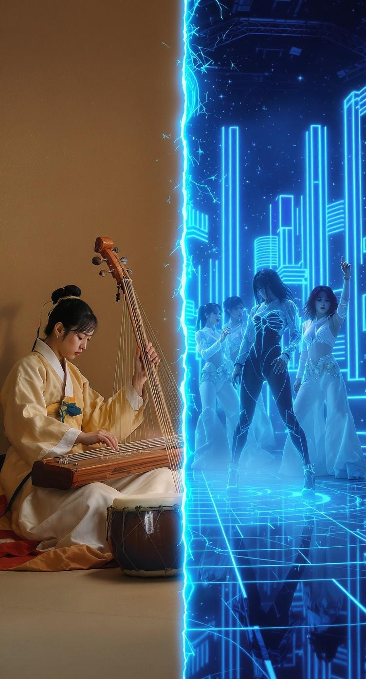 A split image contrasting traditional Korean music with K-Pop, featuring a musician playing a traditional instrument on one side and a K-Pop performance on the other.