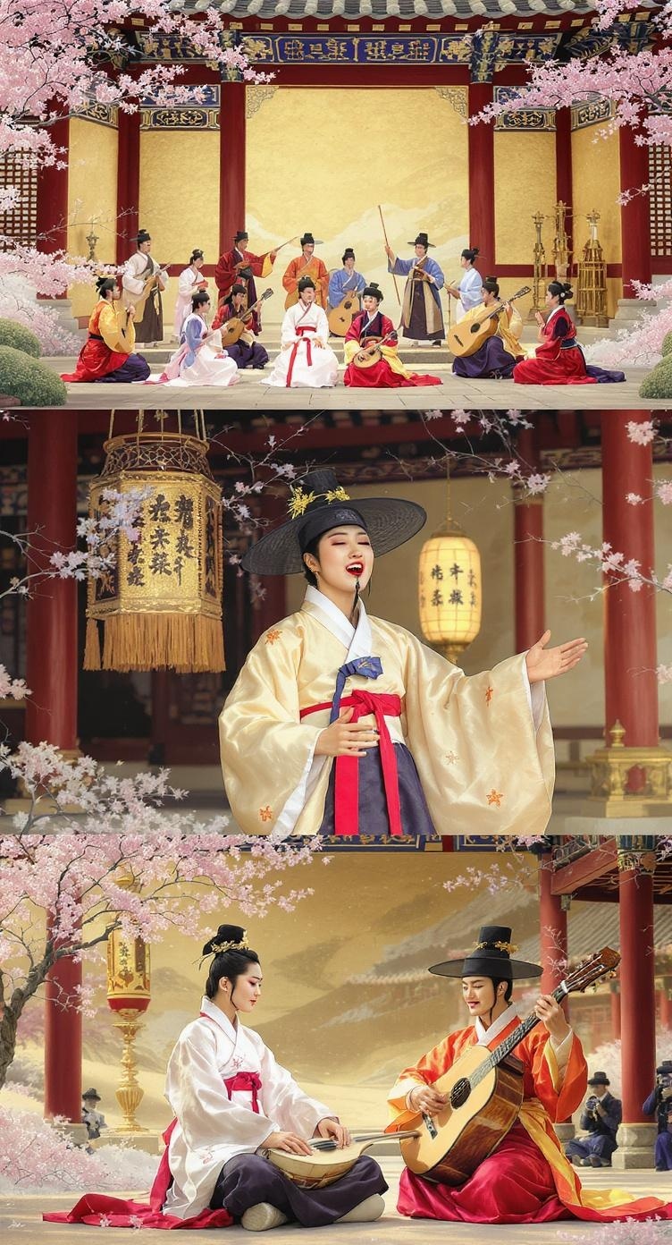 Traditional Korean musicians performing Jeongak, Pansori, and Sanjo