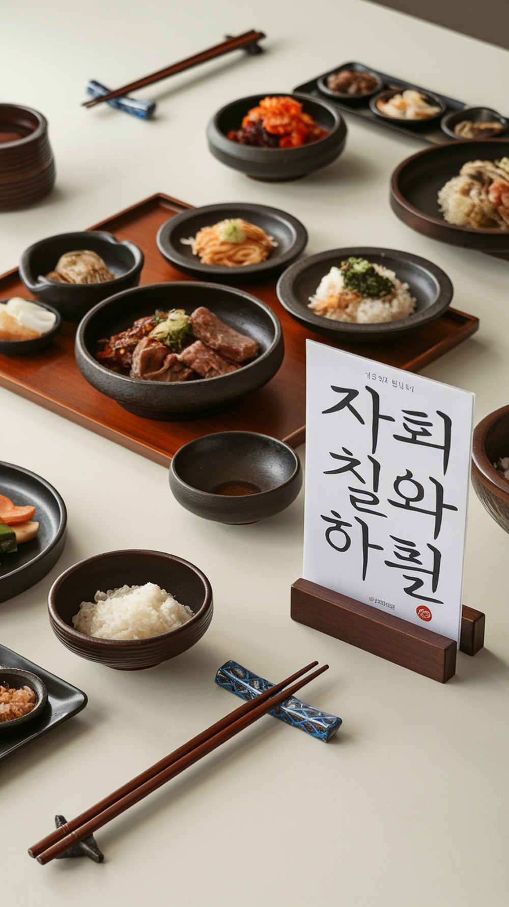 Korean dining setup with various dishes and chopsticks