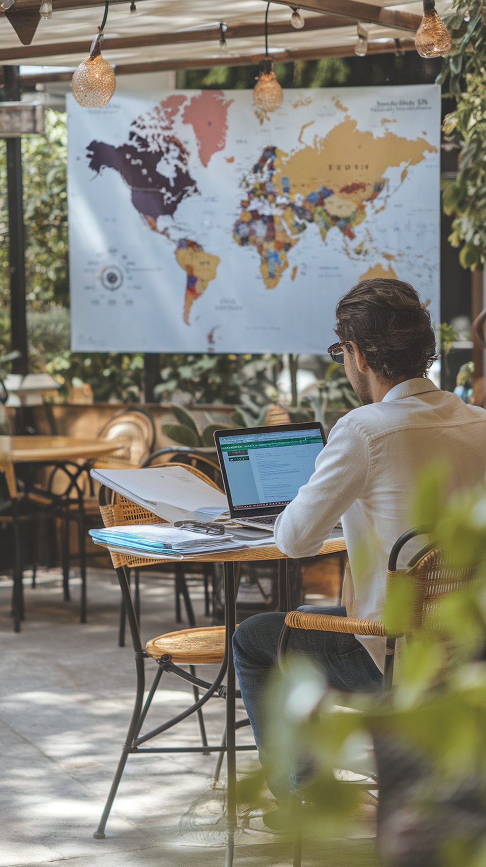 A freelancer working on a laptop in a café with a world map in the background.