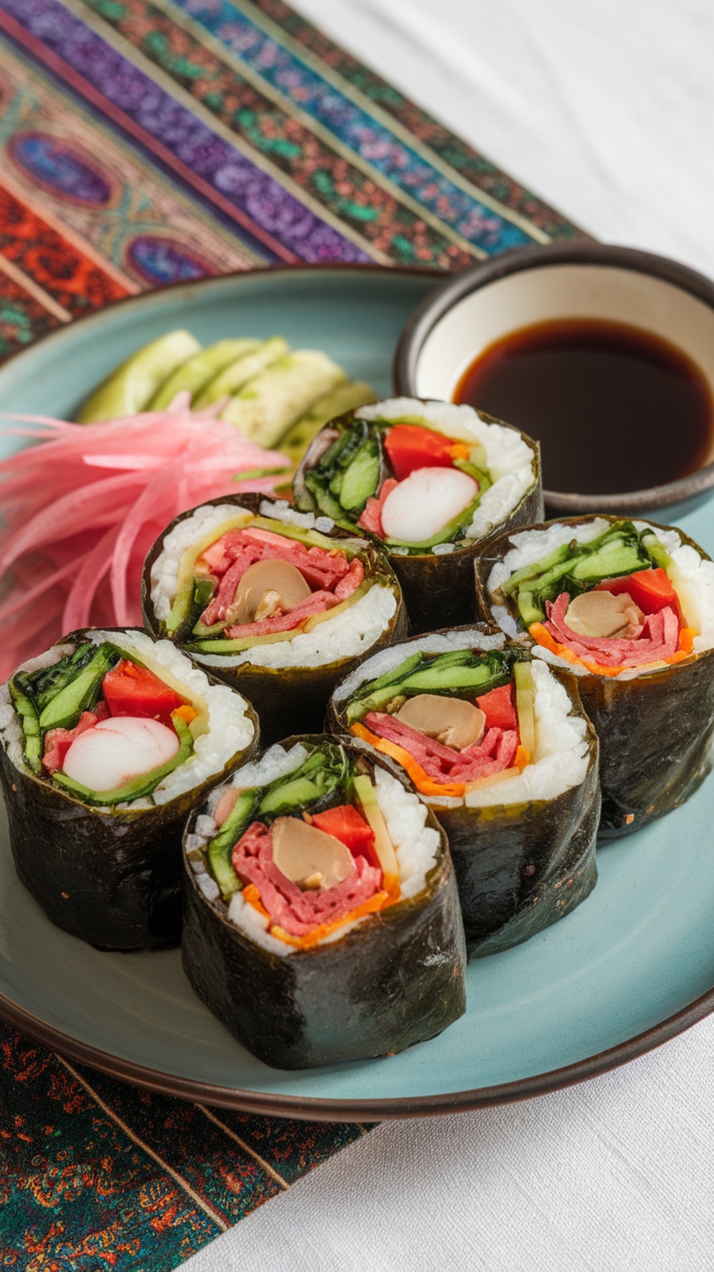 A plate of kimbap rolls with various fillings, served with soy sauce and garnished with pickled radish and cucumber.