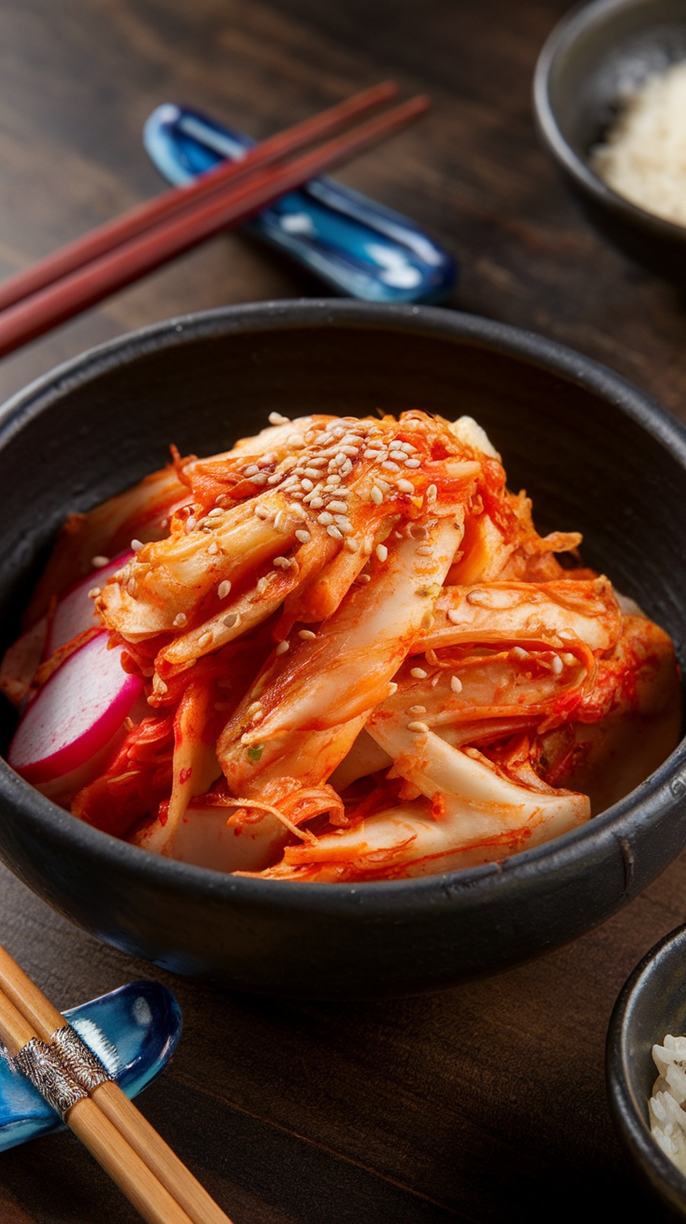 A bowl of kimchi with napa cabbage and radishes, garnished with sesame seeds.