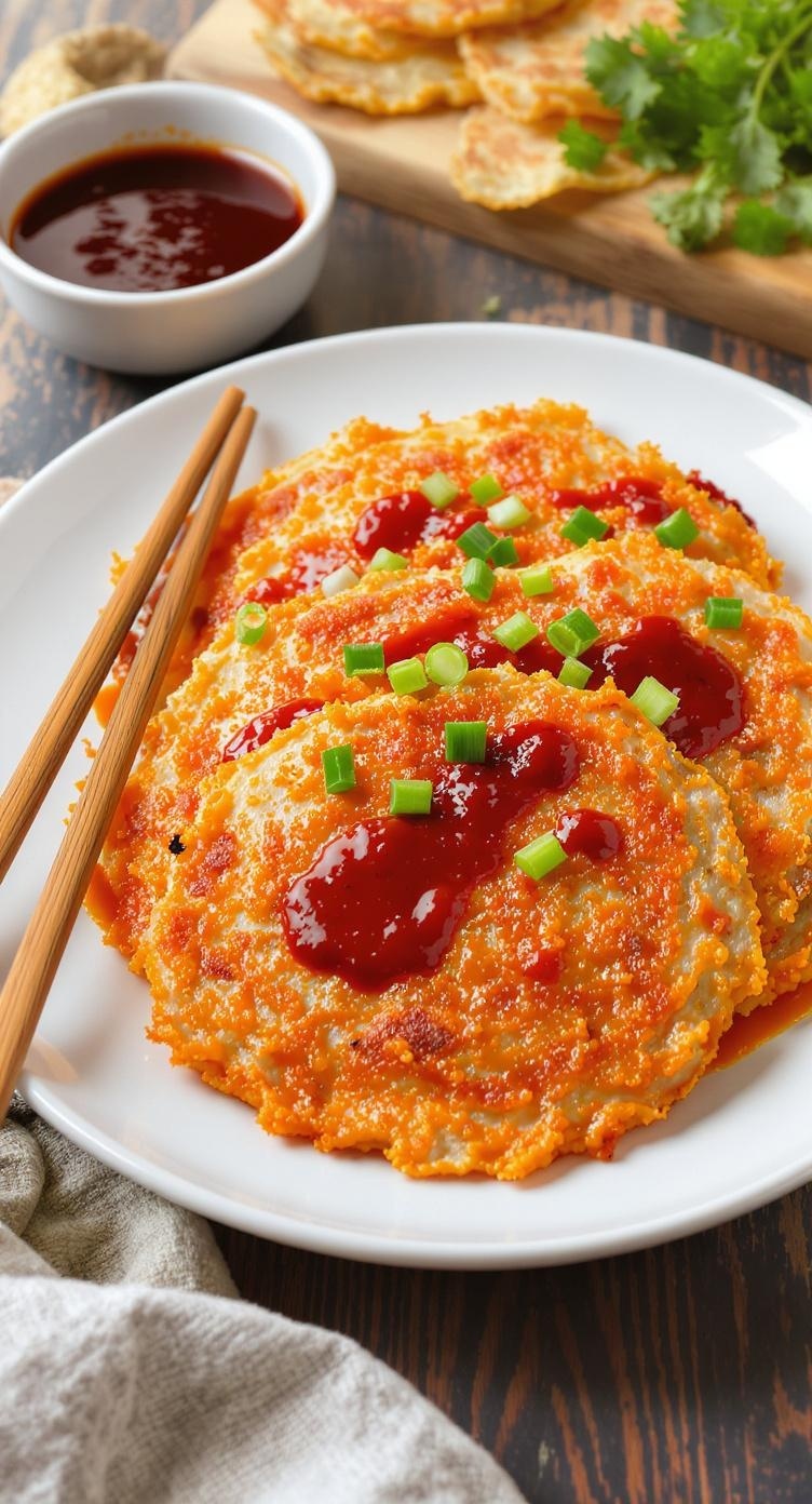 Plate of kimchi pancakes topped with sauce and green onions