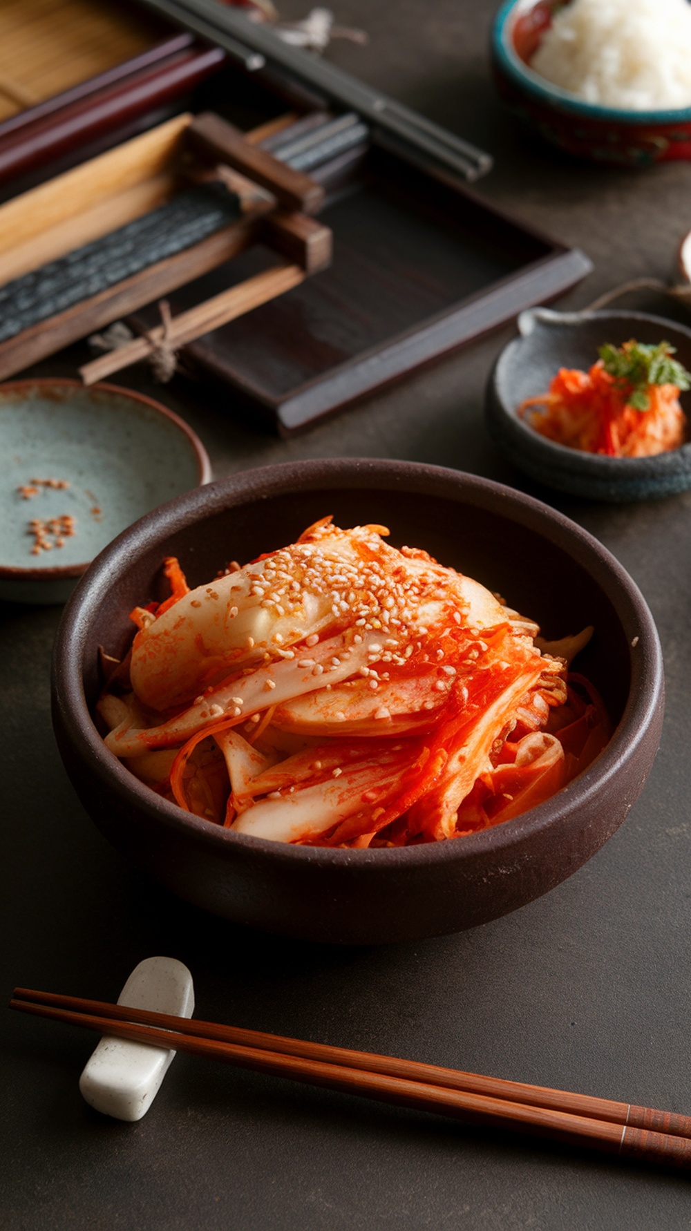 A bowl of kimchi with sesame seeds, surrounded by chopsticks and traditional Korean utensils.