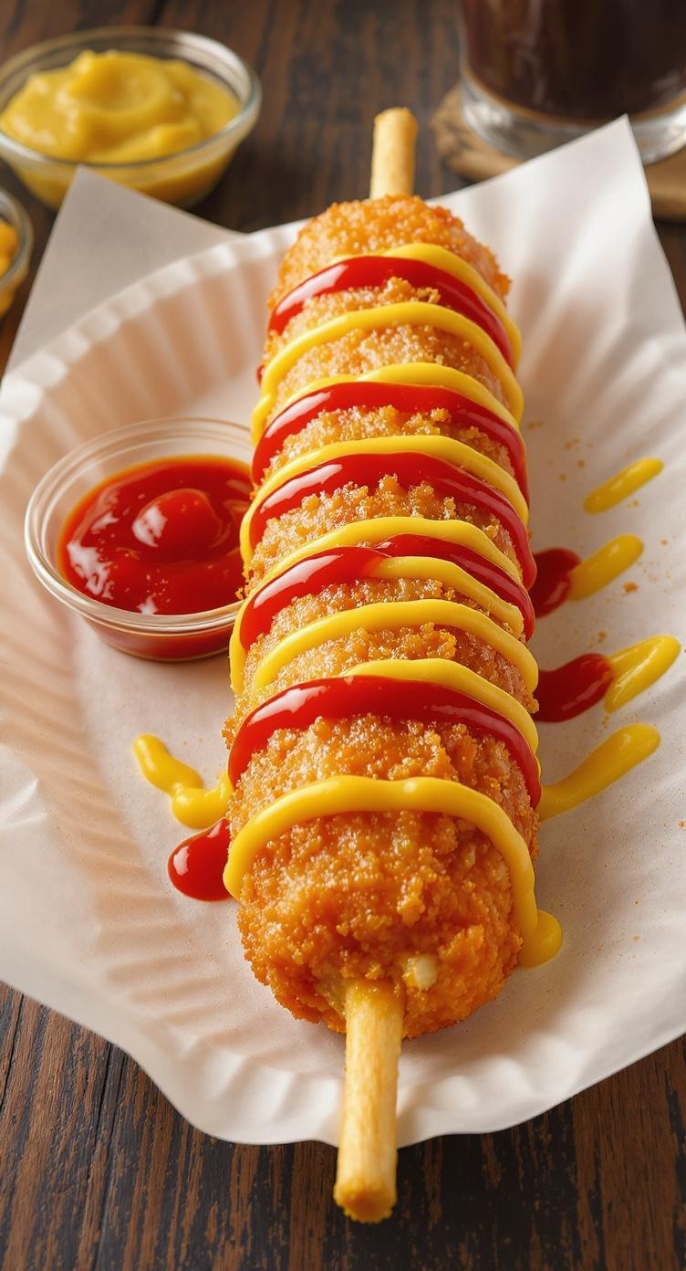 A delicious Korean corn dog topped with ketchup and mustard, served with dipping sauces.