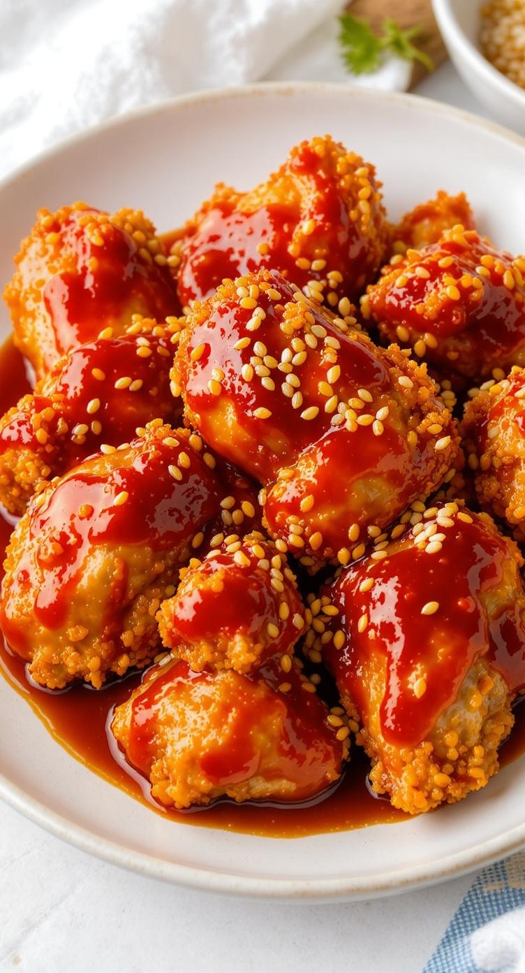 A plate of crispy Korean fried chicken coated in sauce and sprinkled with sesame seeds.